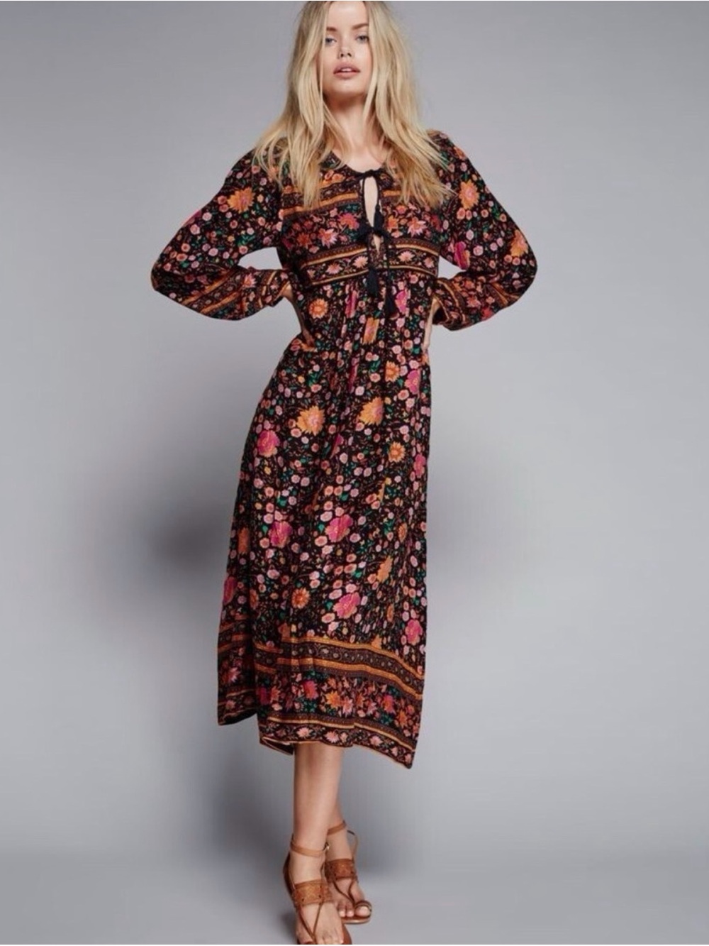 Spell winter garden large Black Floral Midi Dress with Pink & Orange Blooms